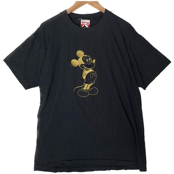 Vintage Disney Mickey Mouse Single Stitch Gold Embroidery Size L Black Tee - Picture 1 of 9